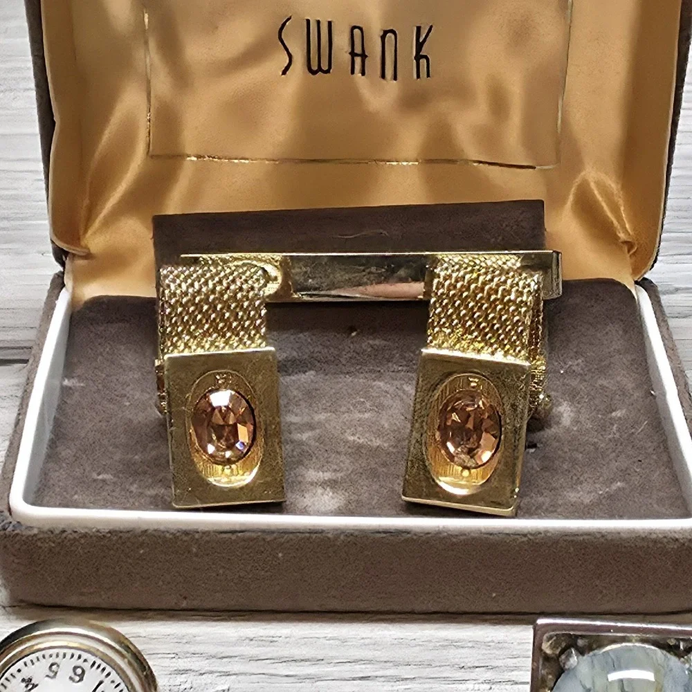 6 Vintage Mens Cufflinks Sets Lot Swank Mesh Watch Face Mother of Pearl Tie Clip